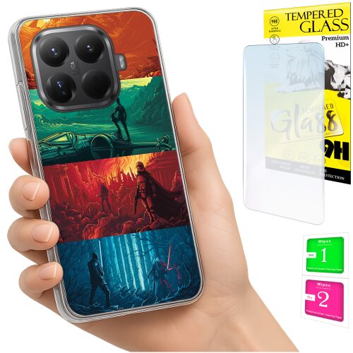 Kéz tart egy Xiaomi 15T Pro telefont egyedi grafikus tokkal, egy 9H edzett üveg kijelzővédő fóliával és tisztító kendőkkel együtt, bemutatva a teljes védelmi szettet. 