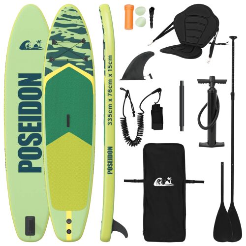 vidaXL SUP tábla POSEIDON 335x76x15 cm, zöld, az összes mellékelt kiegészítővel: evező, pumpa, uszony, póráz, javítókészlet és hordtáska, fehér háttéren - SUP deszka