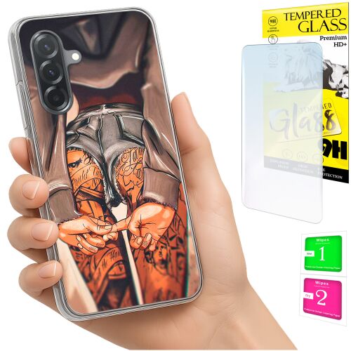 Kézben tartott Samsung Galaxy A36/A56 telefon átlátszó dizájner tokkal, valamint 9H edzett üveg képernyővédő csomag tisztító törlőkendőkkel - Telefontok
