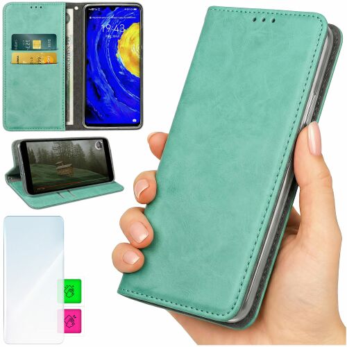 Kollázs a Honor Magic 7 Pro zöld pénztárca telefontokról különböző felhasználási módokban: nyitva kártyákkal, állványként, kézben tartva, és mellékelt kijelzővédő fólia - Telefontok