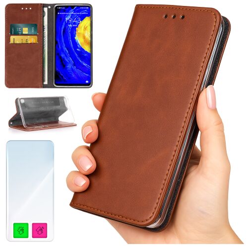 Honor 400 Pro barna ökobőr pénztárca tok kollázsa, különböző funkciókat mutatva, mint kártyahelyek, állvány, képernyővédő és kézben tartva 