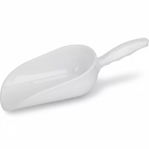 34 cm-es fehér műanyag kimérőlapát száraz élelmiszerekhez és borászati termékekhez, ergonomikus fogantyú, tartós polipropilén anyag, ideális konyhai és borászati felhasználásra 
