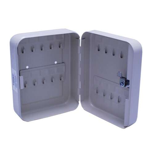 A szürke kulcstartó szekrény belső nézete 20 kulcstartóval