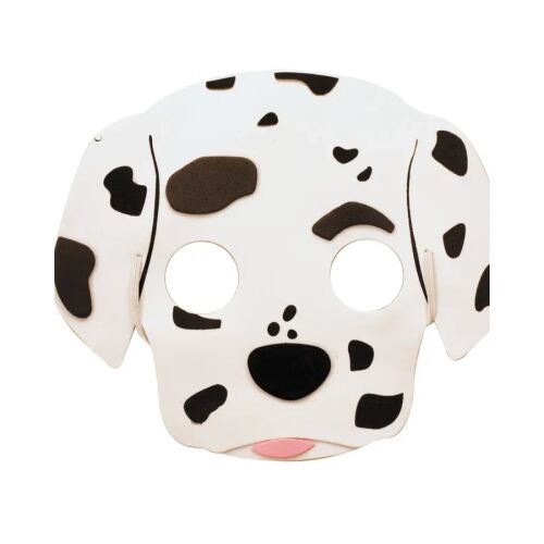 Dalmata maszk EVA anyagból, fehér fekete foltokkal, gyermek jelmezekhez és szerepjátékokhoz tervezve, szem- és szájnyílásokkal. 