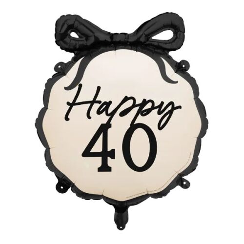 40. Évszámos fólia lufi Happy felirattal, 45 cm, fekete masnis dizájnnal, fehér háttéren 
