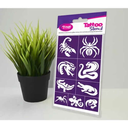 Crawlers (csúszómászó) sablon szett, 9 db, Tytoo Tattoo Stencil, skorpió, pók, kígyó, aligátor és gyík mintákkal, zöld növény mellett - Tetoválás gyerekeknek