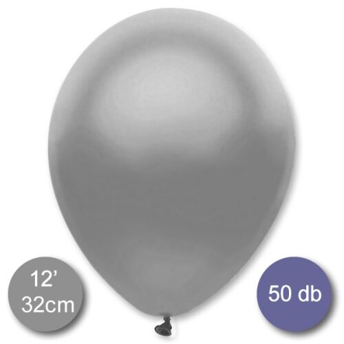 Metál ezüst party lufi, 32cm átmérőjű, 50 darabos csomagban kapható, levegővel vagy gázzal tölthető. - Otthon és kert
