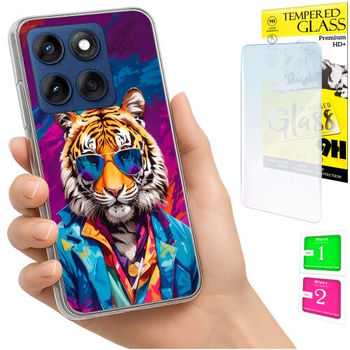 Kéz Motorola Edge 60 Fusion / FOTO telefont tart átlátszó szilikon tokkal, tigris grafikával, valamint egy 9H edzett üveg képernyővédővel a csomagolásában és tisztítókendőkkel. - Telefon