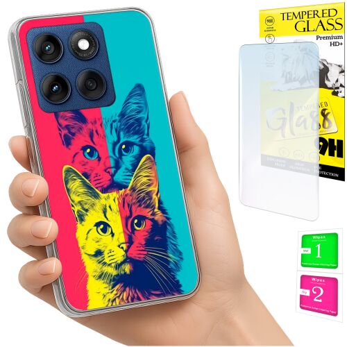Kézben tartott Motorola Edge 60 Fusion telefon élénk macska mintás tokkal, mellette edzett üveg képernyővédő csomagolással és tisztító kendőkkel - Telefontok
