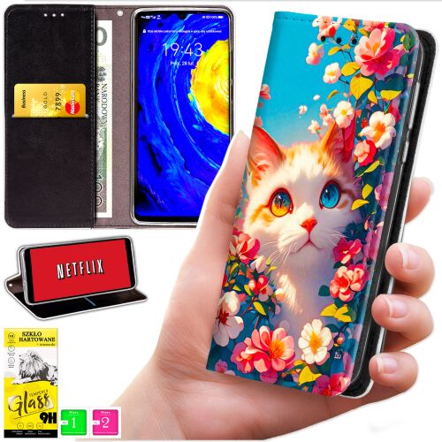 Realme Note 70T pénztárca tok kollázs cicás virágos mintával, állvány funkcióval, kártyahelyekkel és 9H üvegvédővel 