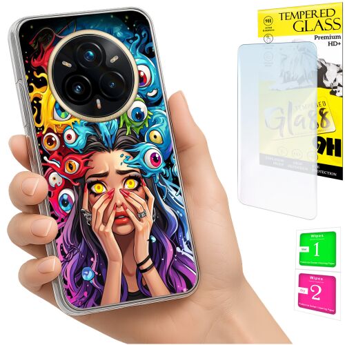 Kézben tartott Realme 14 Pro+ 5G telefon 'szemek' grafikájú tokkal, edzett üveg kijelzővédővel és tisztítókészlettel együtt, egy komplett védelmi megoldást mutatva be. - Telefon