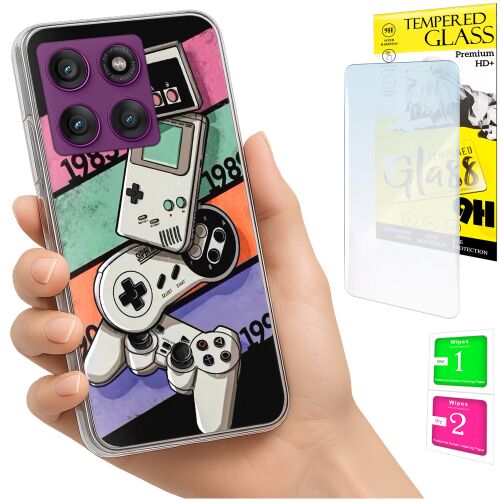 Kézben tartott Motorola Edge 60 Pro telefon átlátszó szilikon tokkal retro gamer mintával, mellette 9H edzett üveg képernyővédő fólia és tisztító készlet, bemutatva a teljes védelmet - Telefontok