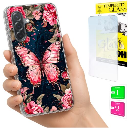 Kézben tartott Samsung Galaxy A36/A56 telefon pillangós és virágos tokban, látható 9H edzett üveg képernyővédővel és tisztítókendőkkel - Telefontok