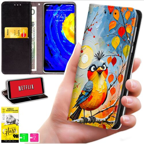 Xiaomi Redmi 15 4G/5G pénztárca tok tulajdonságainak kollázsa: madármintás, kártyatartó rekeszek, állvány funkció és mellékelt edzett üveg képernyővédő fólia - Telefontok