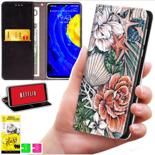 Oppo Reno 15F FS 5G pénztárca tok tulajdonságai kollázsa: kártyatartók, állvány, kagyló virágminta és kijelzővédő készlet - Telefontok