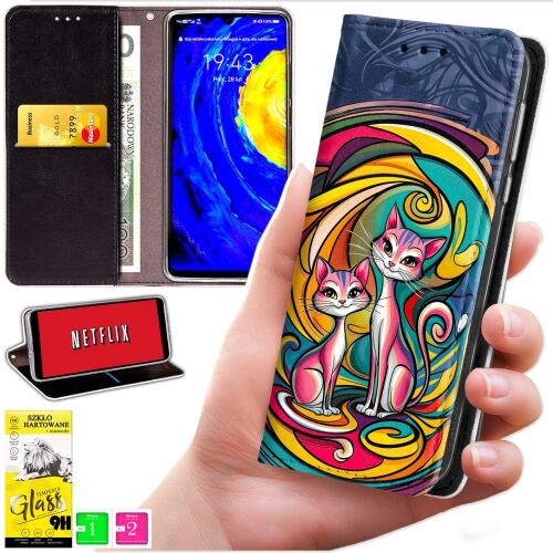 Kollázs: Motorola Edge 50 Neo pénztárca tok macska mintával, állvány funkcióval, kártyatartókkal és kijelzővédővel - Telefontok