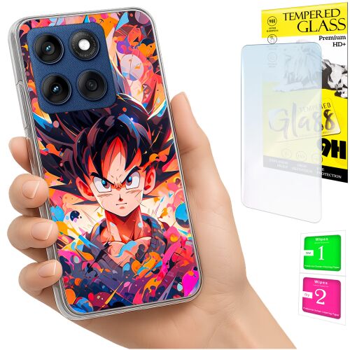 Motorola Edge 60 Fusion telefon dizájner Goku tokban, edzett üveg képernyővédővel és tisztító készlettel, kézben tartva a valósághű megjelenítés érdekében. - Telefon