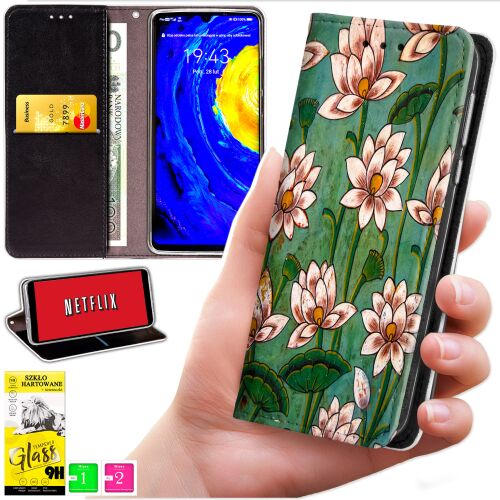 Kollázs a Realme C75 / 14X 5G pénztárca tok funkcióiról, beleértve a lótusz mintát, állvány funkciót, kártyatartókat és kijelzővédőt. - Műszaki cikk és elektronika