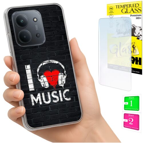 Kézben tartott Xiaomi Redmi 15C 5G / Poco C85 telefon 'I love Music' grafikás tokban, edzett üveg képernyővédővel és tisztítókészlettel a háttérben. - Műszaki cikk és elektronika