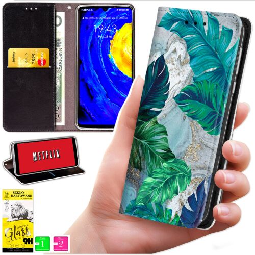 Motorola Moto G06 / G06 Power pénztárca tok zöld levél mintával, mely bemutatja az állvány, kártyanyílások és kijelzővédő funkciókat - Telefontok