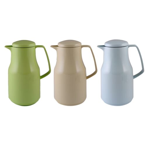 Három Bentom CLASSIC 1L MIX termosz zöld, bézs és világoskék színben, szögletes nézetben fehér háttéren, ideális forró italokhoz, kávéhoz és teához. - Étel és ital hordozó