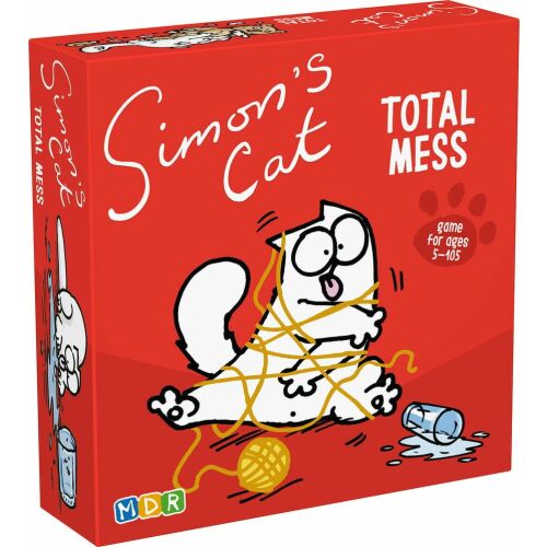 Simon macskája – Teljes rendetlenség kártyajáték doboza, amelyen Simon macskája fonalba gabalyodva látható piros háttéren, 5-105 éveseknek, családoknak és partikra - Kártyajáték