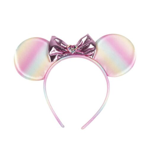 Disney Minnie Fantasy hajpánt szivárványos fülekkel és metál rózsaszín masnival, fehér háttéren, elölnézet - Hajcsat és hajráf
