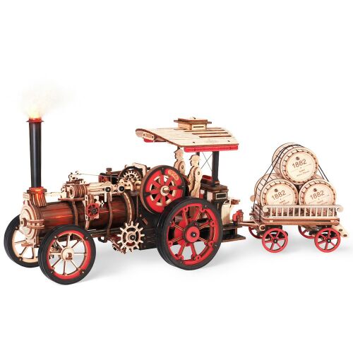 ROKR 3D fa puzzle klasszikus gőzgép füsthatással és hozzácsatolt hordós kocsival, sima fehér háttéren bemutatva - 3D puzzle