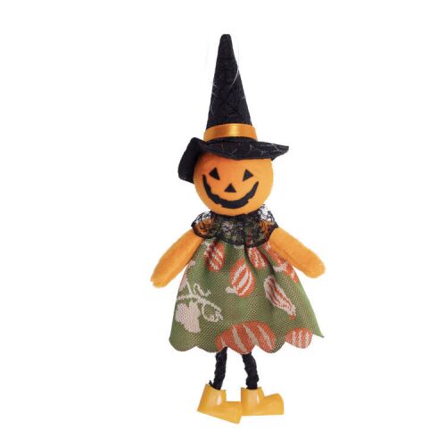 Halloween tökboszorkány akasztós dekorációs figura zöld szoknyával és hegyes kalappal - Halloweeni dekoráció