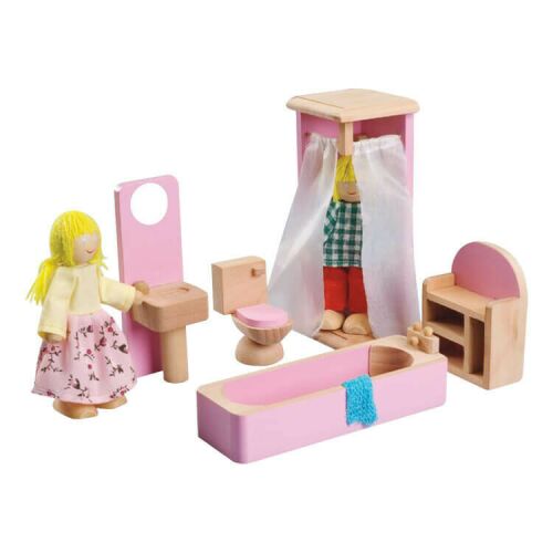 Fa babaház fürdőszoba bútor szett rózsaszín káddal, mosdóval, WC-vel, zuhanyzóval és babafigurákkal, mely fejleszti a képzeletet. - Játékbútor