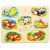 Fogantyùs puzzle (repùlős) komplett fa fogantyùs puzzle színes jármű formákkal, mint a repùlő, rendőrautó, mentőautó, tűzoltóautó, személyautó, hajó és vonat, minden darab a helyén, fehér háttéren