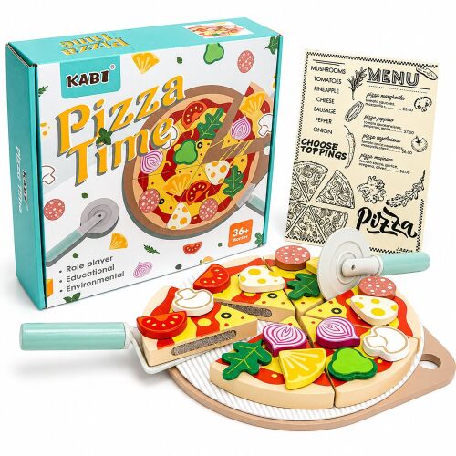 Kabi 'Pizza Time' fa játék pizza készlet pizzával, feltétekkel, lapáttal, szeletelővel és menükártyával, a doboz mellett kiállítva - Játék élelmiszer