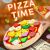Közelkép Kabi fa játék pizzáról színes feltétekkel, pizza lapáttal és menükártyával, szerepjátékhoz