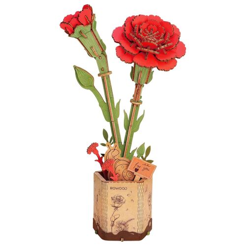 Rowood 3D fa szegfű virág puzzle, összeszerelt modell két piros szegfűvel egy díszített cserépben, fehér háttérrel izolálva a tiszta termékmegjelenítés érdekében. - 3D puzzle