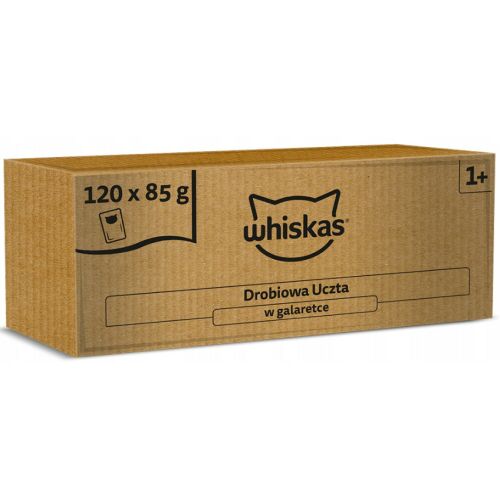 Whiskas Baromfi Zselében nedves macskaeledel 120 x 85g-os csomag, kartondoboz, elölnézet, felnőtt macskáknak - Macskaeledel