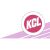 KCL márka logója, piros kör fehér KCL szöveggel fehér és világoslila háttéren