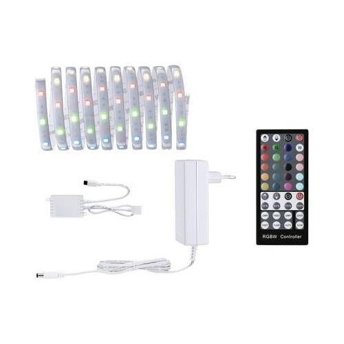 Paulmann MaxLED Basic RGB LED szalag alap készlet dugóval és infravörös távirányítóval, a LED szalagot, tápegységet, vezérlőt és távirányítót mutatva fehér háttéren - Paulmann