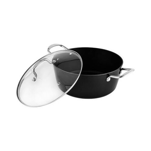 VG POT 3020 főzőedény, 28 cm, fekete üvegfedővel, GREBLON tapadásmentes bevonattal, ferde nézet fehér háttérrel - Lábas