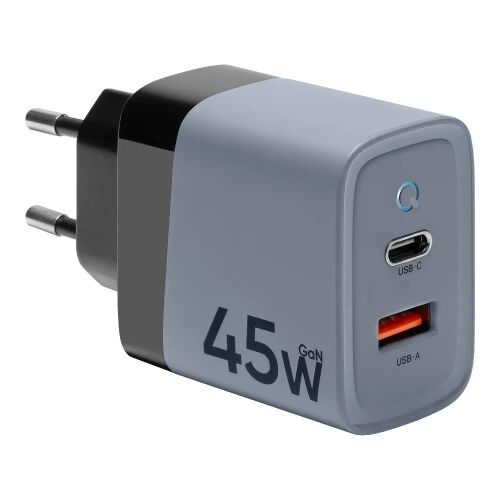 Tactical Microgrid 45W GaN USB-C és USB-A gyorstöltő fali adapter szürke színben, döntött nézet - Tactical