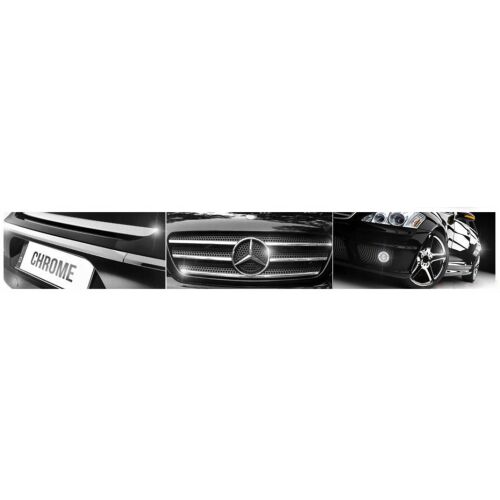 Autó króm kiegészítők kollázsa: rendszámtábla keret, Mercedes hűtőrács és ködlámpa, általános króm részletezést szemléltetve - Autós dekorcsík