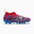 Puma FUTURE 8 MATCH FG/AG JR fiú stopliscipő, oldalnézet a 'PLAYMAKERS' felirattal, piros és kék színben
