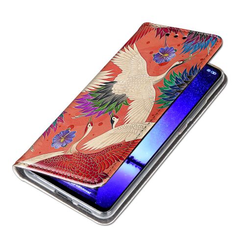 Honor X5C Plus / X5C 4G pénztárca tok élénk daru madár mintával, részben nyitott, felfedve a telefon képernyőjét - Telefon