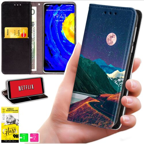 Oppo Reno 15F / 15F FS pénztárca telefontok kollázsa éjszakai tájképpel, belső nézet kártyanyílásokkal, állvány funkcióval és képernyővédővel - Telefon