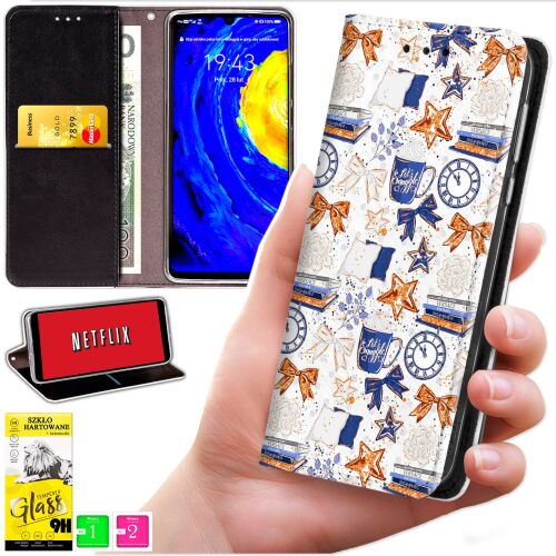 Kollázs kép, amely bemutatja az Oppo Reno 15F pénztárca tokot téli mintával, nyitott tokot kártyatartókkal, állvány funkciót Netflix-szel, és egy képernyővédő fóliát, illusztrálva a számos funkciót - Telefon