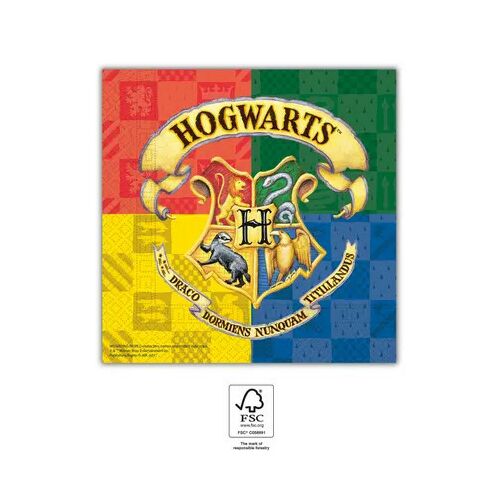 20db 2 rétegű Harry Potter Roxfort Házak papírszalvéta 33x33cm színes címerekkel bulikra és mindennapi használatra, FSC minősítés - Háztartási papírtermék