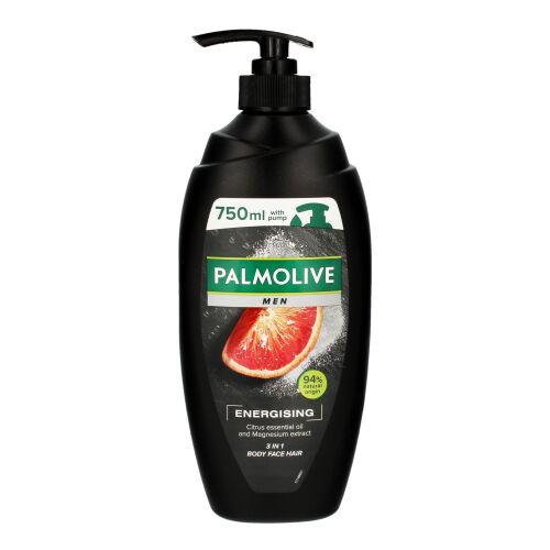 Palmolive Men Energizáló tusfürdő 750ml pumpás adagolóval, grépfrút és magnézium kivonattal testre, arcra és hajra, fehér háttéren - Palmolive