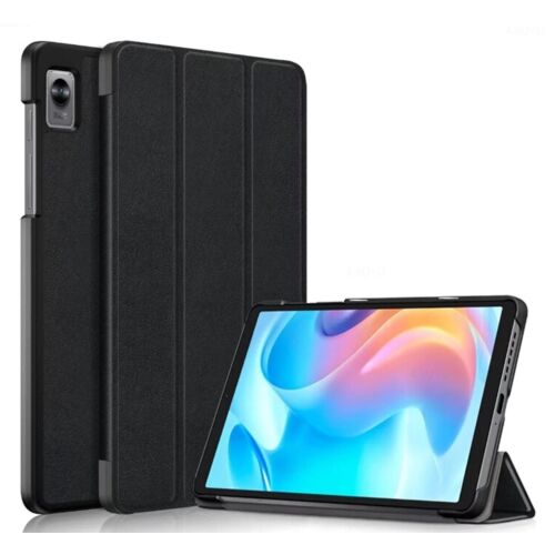TOK REALME Pad MINI 8.7-hez fekete öko-bőr tok állvány funkcióval és színes képernyőt megjelenítő tablettel, oldalnézet - Tablet tok