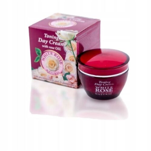 Bulgária Rózsája Fehér Rózsa és Panthenol Nappali Krém 50ML, egy piros tégelyes tonizáló nappali krém fehér rózsa természetes márkajelzéssel, mellette lila-fehér dobozával, mindkettő rózsa illusztrációkkal. - Arc- és szemkörnyékápoló