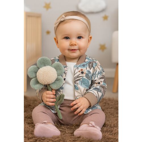 Mosolygó baba KAFTAN 68 KOALA mintás kardigánt visel, 100% pamut, teljes cipzáras, virágjátékot tartva - Gyerek kardigán