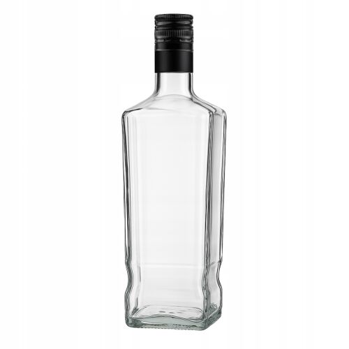 Üres JACK WALKER 1000ml-es átlátszó üvegpalack fekete csavaros kupakkal, ferde nézetből, sima fehér háttéren - Üvegpalack